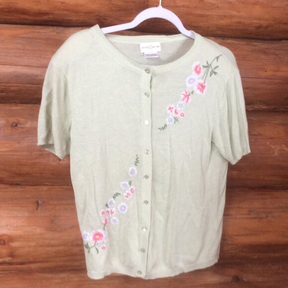 Jaclyn Smith VTG Light Green Floral Embroidered Cottagecore 90s Sweater Medium - Picture 1 of 4